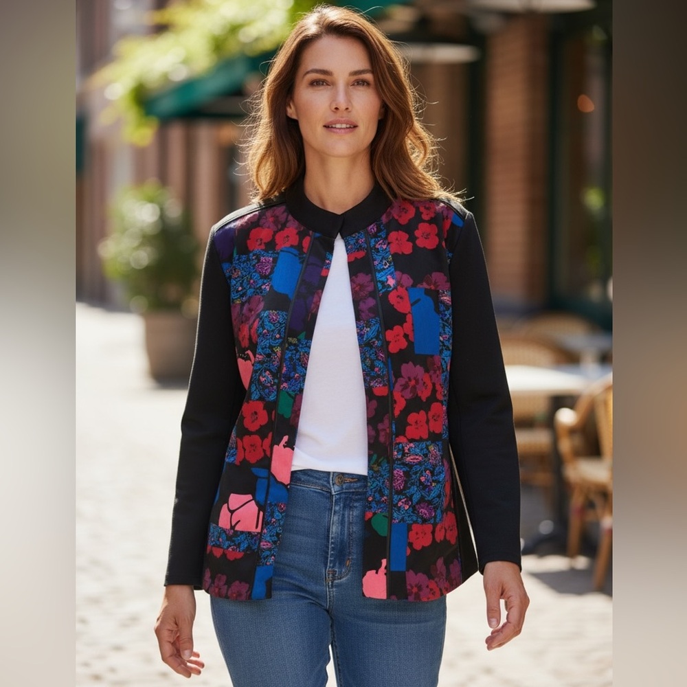 Coldwater Creek Sateen Floral Patchwork Japanese Style Jacket Black Multicolor L